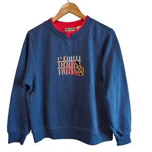 Vintage Cat Sweatshirt Women Large Petite Blue Cottage 90s Granny Retro Kitty